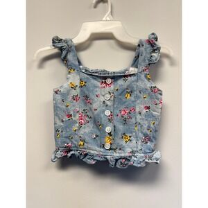 Rare Editions Denim Ruffle Crop Top Blue Acid Wash Button Front Tank Sleeveless